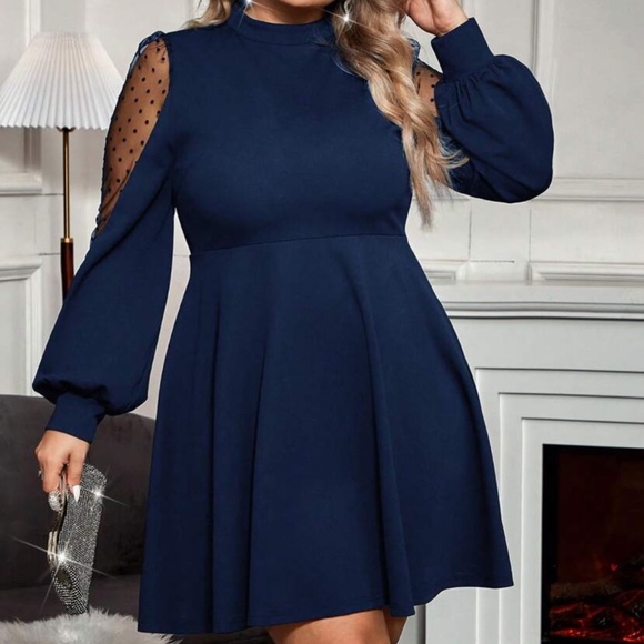 Plus Polka Dot Sheer Sleeve Evening Formal party Holiday Dress - Picture 8 of 10